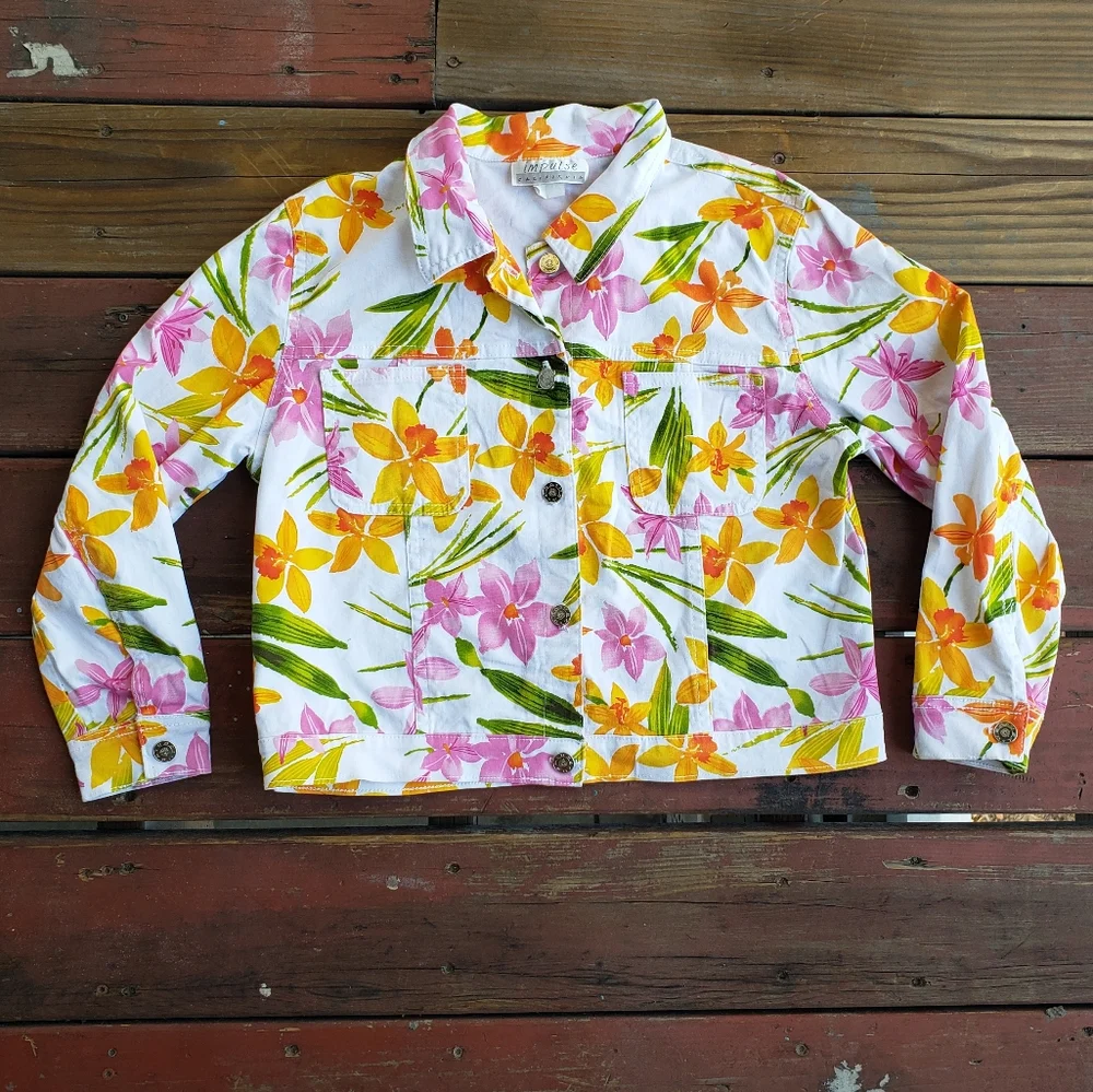 Vintage White Pink Orange Tropical Floral Jean Jacket Half Sleeves